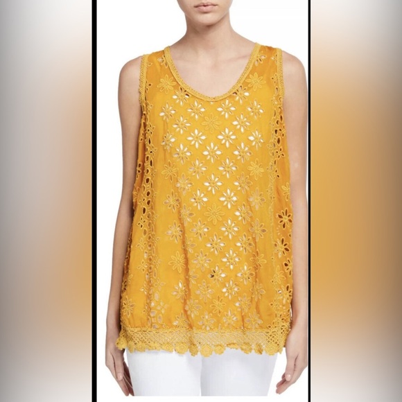 Johnny Was Carden Tank Persimmon Yellow Floral Eyelet Rayon Top Size S - Picture 1 of 7